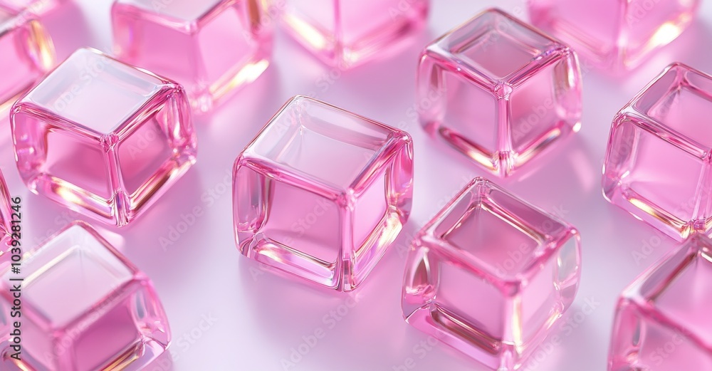 Glass transparent cubes on light background, red and pink color palettes, business background, cosmetic perfume background Glass transparent cubes on light background, red and pink color palettes, business background, cosmetic perfume background