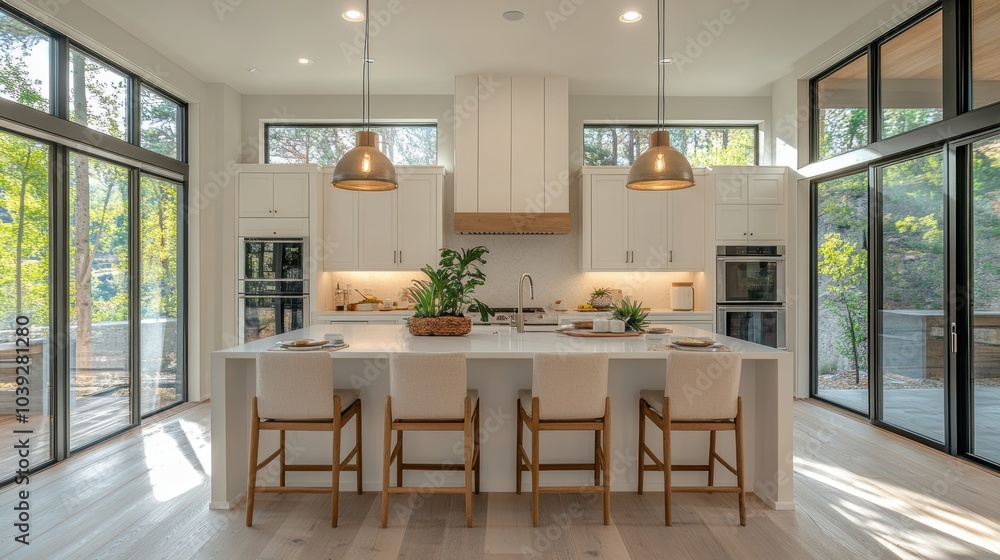 Fototapeta premium Modern open concept kitchen design featuring large windows and natural light