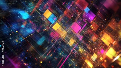 A vibrant, abstract digital landscape showcasing colorful geometric shapes and light effects.