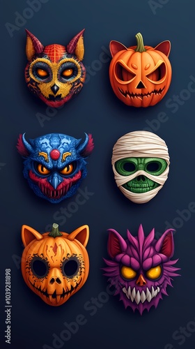 Wallpaper Mural Colorful Halloween masks featuring a cat, pumpkin, and monster designs. Torontodigital.ca