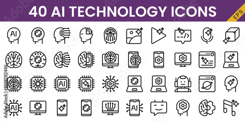 40 AI Technology icons in line style including generative image, artificial intelligence, ai brain, computer, automation, ai video, ai music, etc. For creative, design, and business.