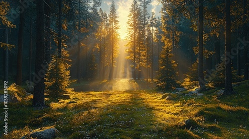 A tranquil forest bathed in golden sunlight during early morning, inviting a peaceful escape into nature's embrace