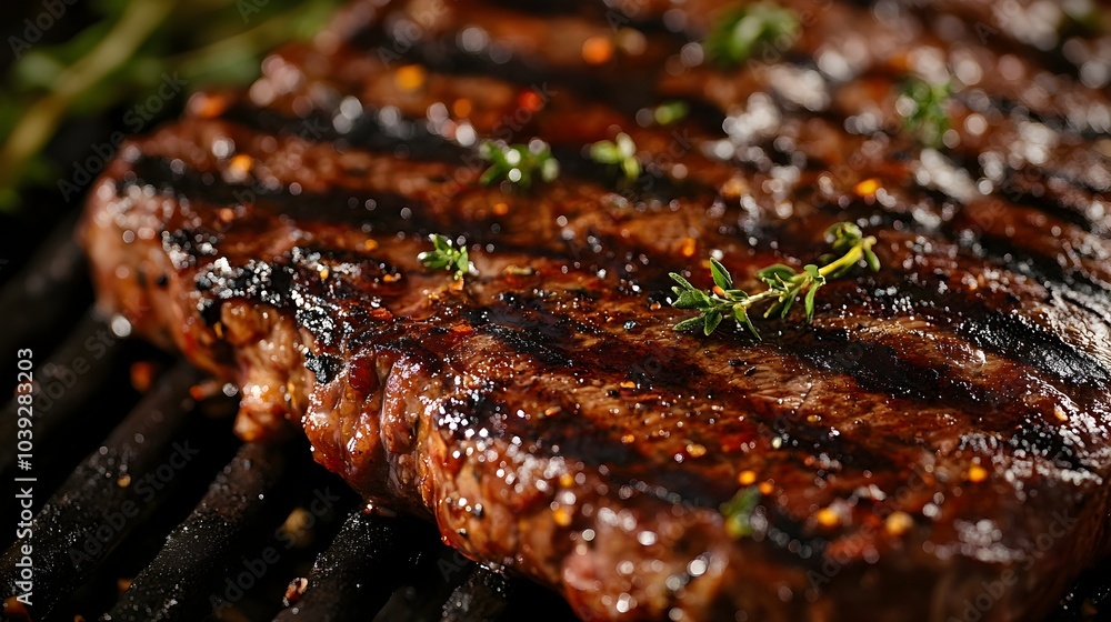Close up Shot of Sizzling Grilled Steak with Flavorful Marinade and Spices on Grill Close up Shot of Sizzling Grilled Steak with Flavorful Marinade and Spices on Grill