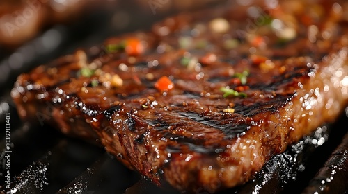 Mouthwatering Close Up Shot of Sizzling Tender Grilled Steak with Caramelized Edges and Savory Spices photo