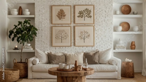 Cozy living room, natural wood paneling, white sofa, botanical prints, potted plants, neutral color palette, rustic coffee table, minimalist decor, open shelving, earthy tones, hygge aesthetic, scandi