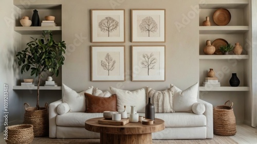 Cozy living room, natural wood paneling, white sofa, botanical prints, potted plants, neutral color palette, rustic coffee table, minimalist decor, open shelving, earthy tones, hygge aesthetic, scandi