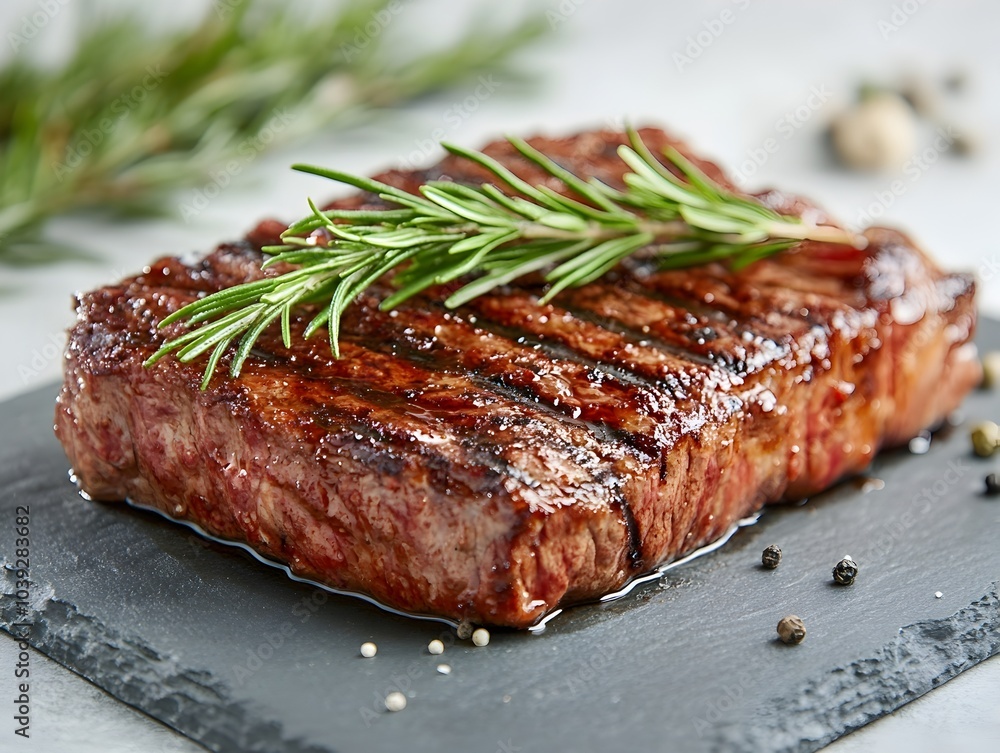 Juicy Char Grilled Steak with Fresh Rosemary on Rustic Stone Background Juicy Char Grilled Steak with Fresh Rosemary on Rustic Stone Background