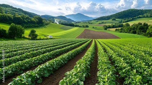 Aerial view showcasing the expansive and organized layout of a large scale organic farm featuring rows of thriving crops an efficient irrigation system