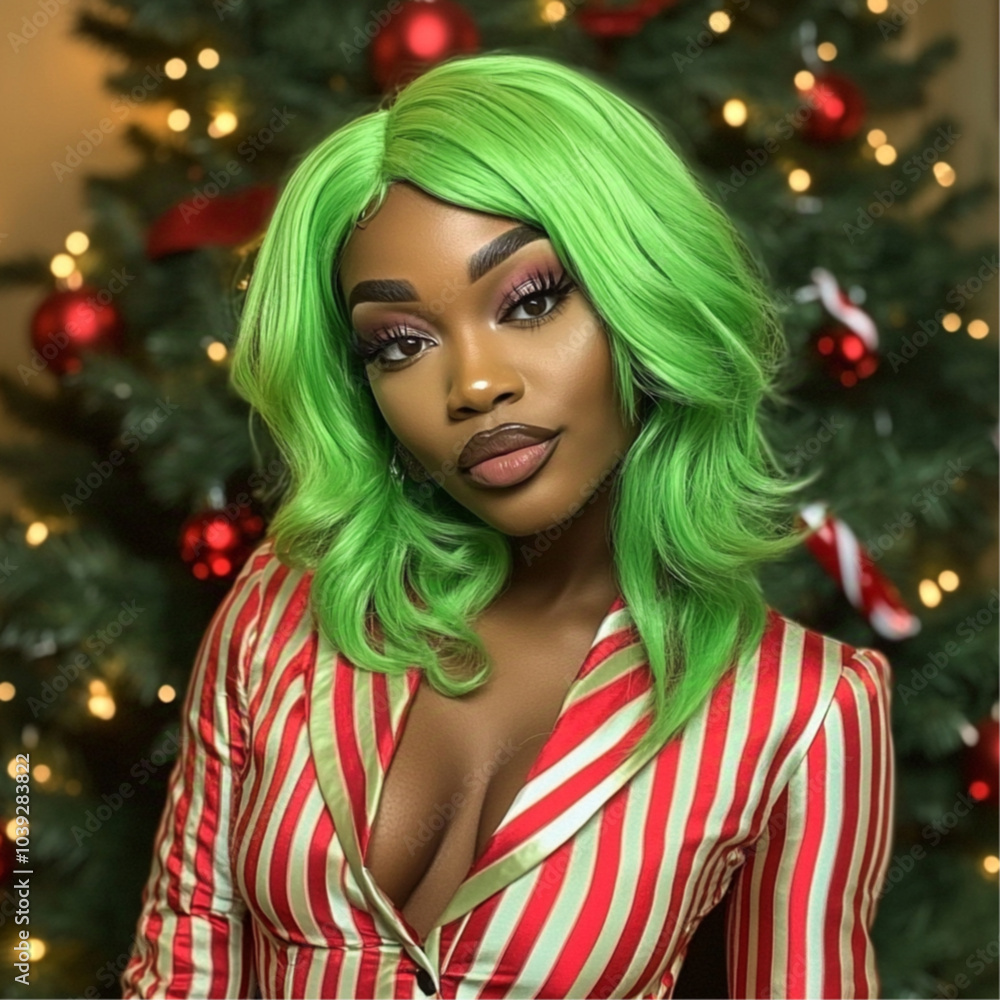 A beautiful African American woman with a beautiful layered lime green shoulder length frontal wig, christmas tree in background A beautiful African American woman with a beautiful layered lime green shoulder length frontal wig, christmas tree in background
