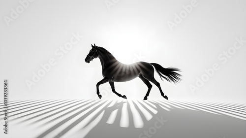 Minimalist black and white horse galloping at full speed, sleek silhouette casting a long shadow, clean lines, artistic elegance for advertising photo