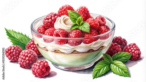 Watercolor Raspberry Dessert in Glass Bowl - Vibrant Food Illustration, Refreshing Summer Treat, Delicious Dessert Photography, Sweet Treats, Artistic Food Presentation