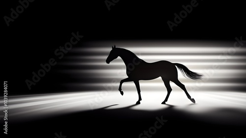 Fast-galloping horse silhouette, black and white style, sharp contrasts, elongated shadow on minimalist background, sleek and dynamic composition photo