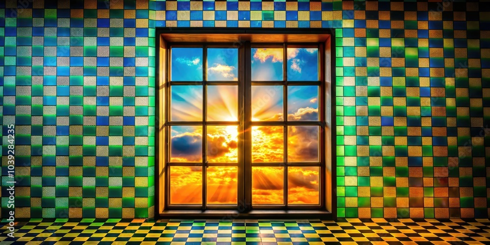Window silhouette set against a checkered backdrop, showcasing artistic landscape photography. This abstract piece captures light and shadow, perfect for modern home decor and interior design. Window silhouette set against a checkered backdrop, showcasing artistic landscape photography. This abstract piece captures light and shadow, perfect for modern home decor and interior design.