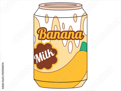 Banana milk can fruity milky flavored drink can yellow color packaging aluminum container package tasty healthy product design flat illustration