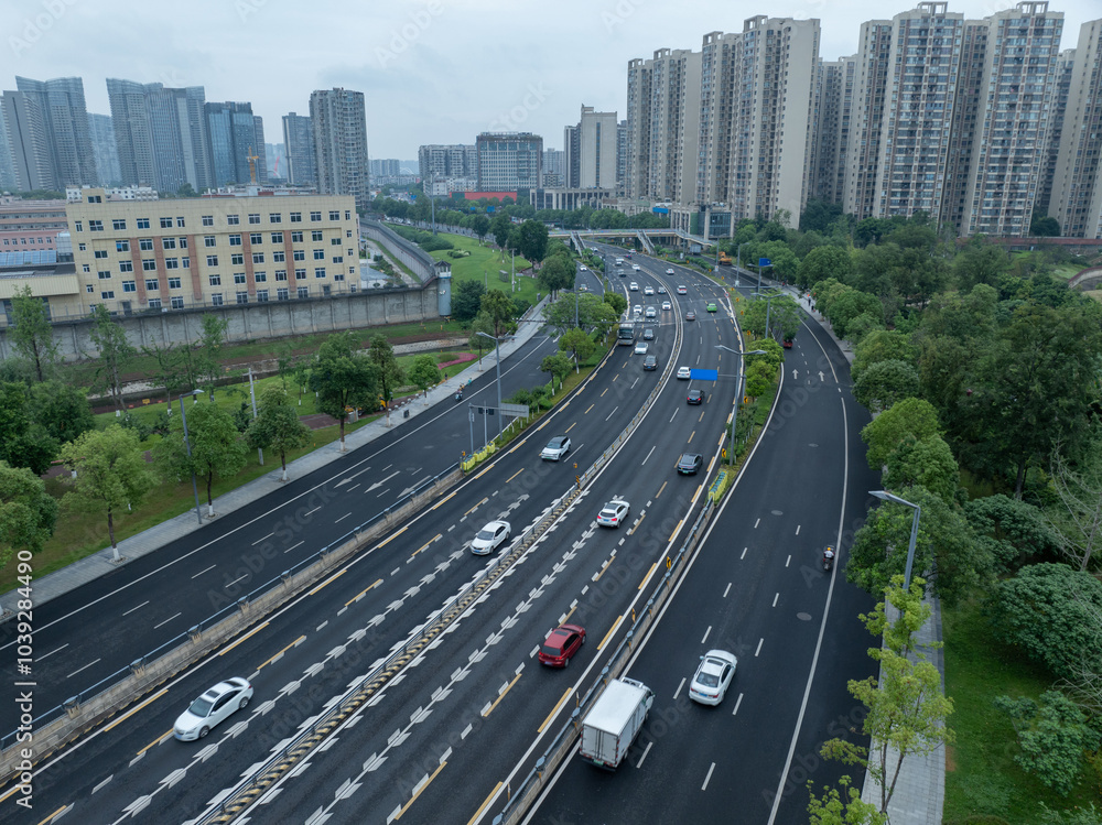 Obraz premium Chengdu,China- June 02,2024,Aerial view of landscape in Chengdu city, China