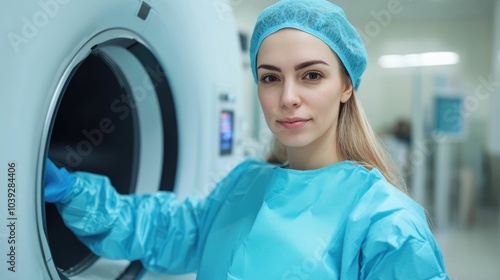 Portrait of a radiologic technologist professionally preparing x ray contrast solution for an upcoming medical imaging procedure in a modern well equipped hospital or healthcare facility photo