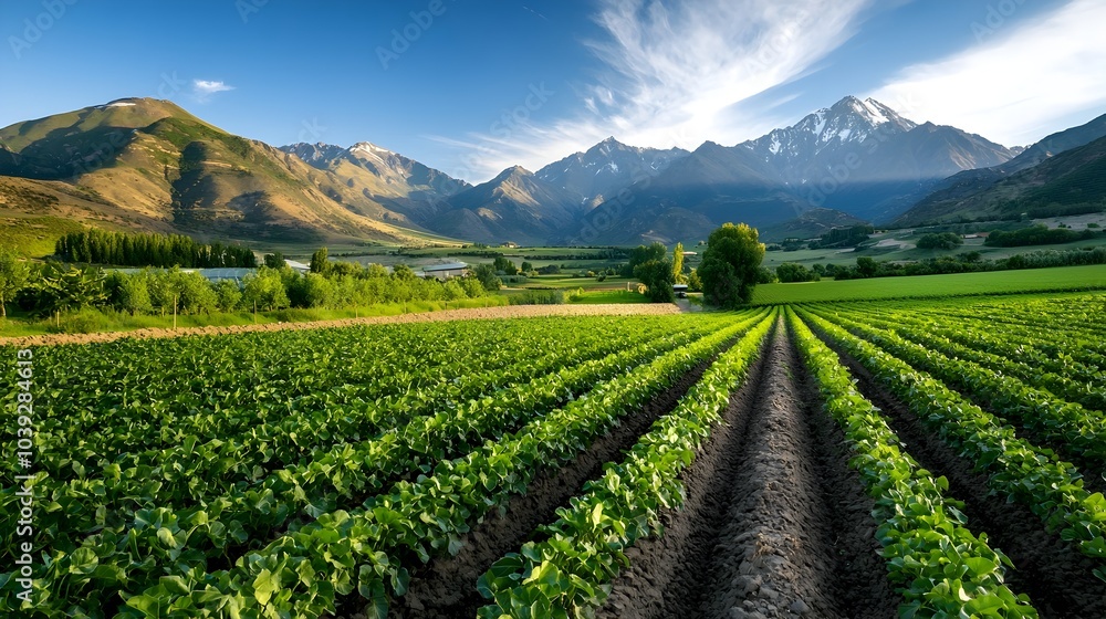 Picturesque countryside landscape featuring rows of lush green crops Picturesque countryside landscape featuring rows of lush green crops