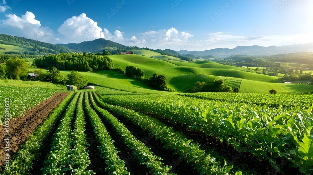 Scenic view of a lush countryside landscape with rows of thriving green crops showcasing sustainable farming practices and eco friendly irrigation techniques for a bountiful harvest Scenic view of a lush countryside landscape with rows of thriving green crops showcasing sustainable farming practices and eco friendly irrigation techniques for a bountiful harvest