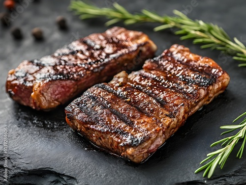 Grilled Steak with Rosemary and Spices on Dark Stone Surface