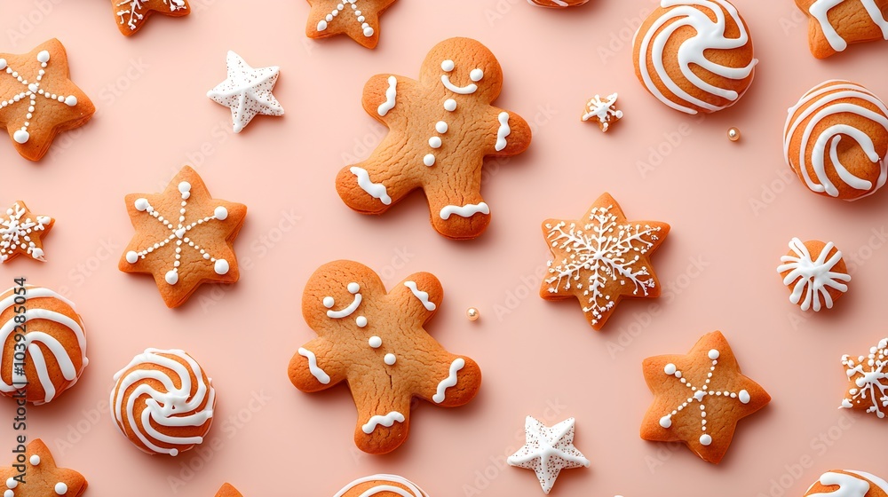 A set of gingerbread men and stars, casually scattered on a pastel peach background. Playful arrangement, showcasing detailed icing and soft textures A set of gingerbread men and stars, casually scattered on a pastel peach background. Playful arrangement, showcasing detailed icing and soft textures