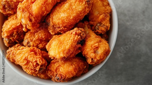 Closeup Top View of Crunchy Crisp Fried Chicken Wings in Photograph Savory Salty Delicious Finger Food Appetizer or Pub Snack