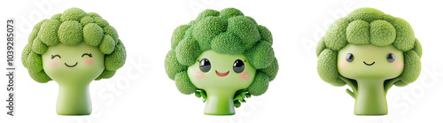 3D smiling broccoli character with cartoon face isolated on transparent PNG background for children’s food illustrations photo