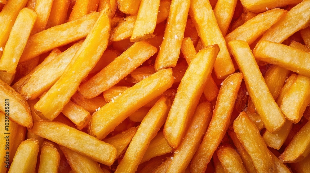 Crispy golden French fries with a light dusting of salt captured in a close up high detail top view photograph Crispy golden French fries with a light dusting of salt captured in a close up high detail top view photograph