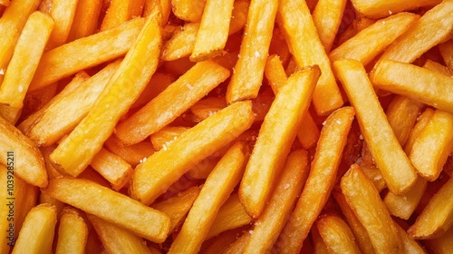 Crispy golden French fries with a light dusting of salt captured in a close up high detail top view photograph