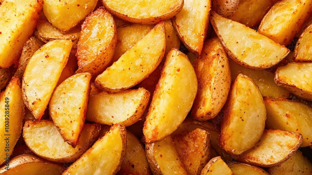 Crispy golden brown fried potato wedges seasoned with a delightful blend of spices and herbs creating a mouthwatering homestyle snack or side dish Crispy golden brown fried potato wedges seasoned with a delightful blend of spices and herbs creating a mouthwatering homestyle snack or side dish