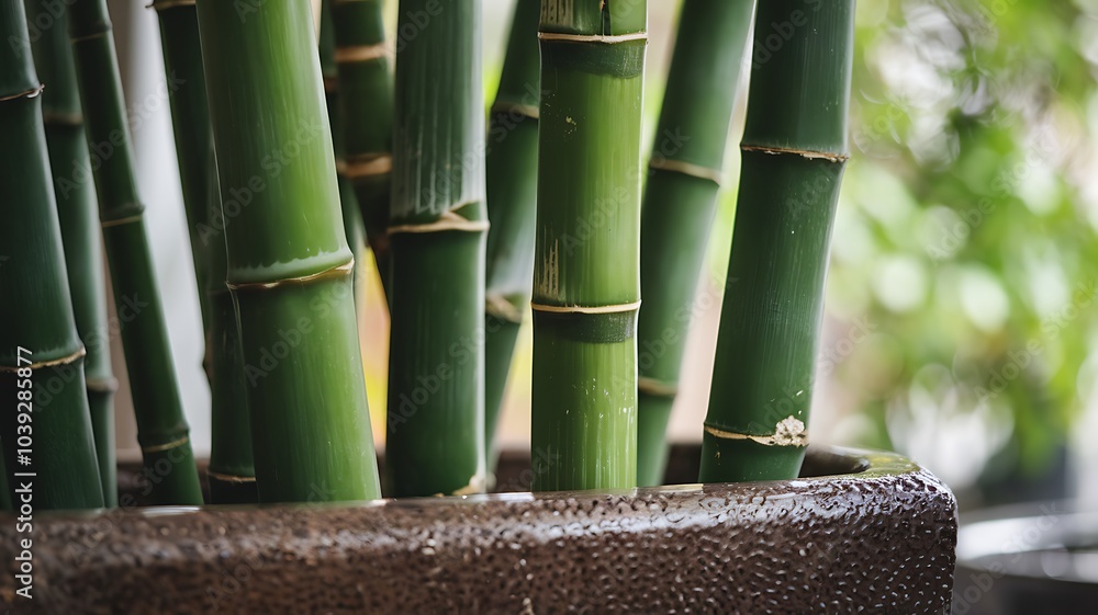 Close-up of Green Bamboo Stalks in a Brown Pot Close-up of Green Bamboo Stalks in a Brown Pot