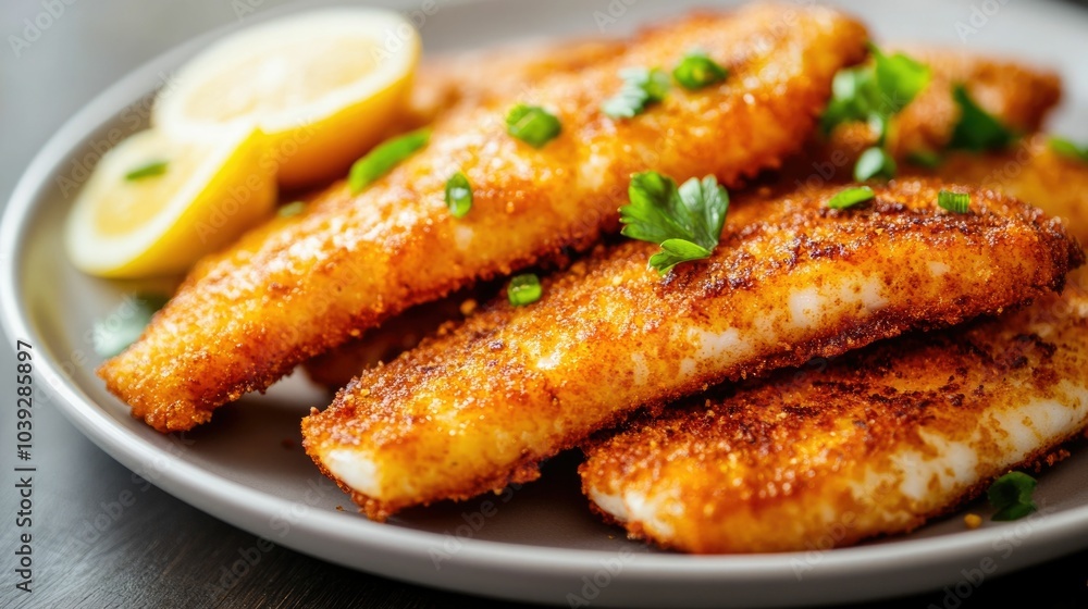 Closeup of Perfectly Cooked Fried Fish Fillets with Crispy Golden Brown Batter Served on a Plate with Fresh Lemon Wedges and Parsley Garnish Displaying Delectable Seafood Cuisine Closeup of Perfectly Cooked Fried Fish Fillets with Crispy Golden Brown Batter Served on a Plate with Fresh Lemon Wedges and Parsley Garnish Displaying Delectable Seafood Cuisine