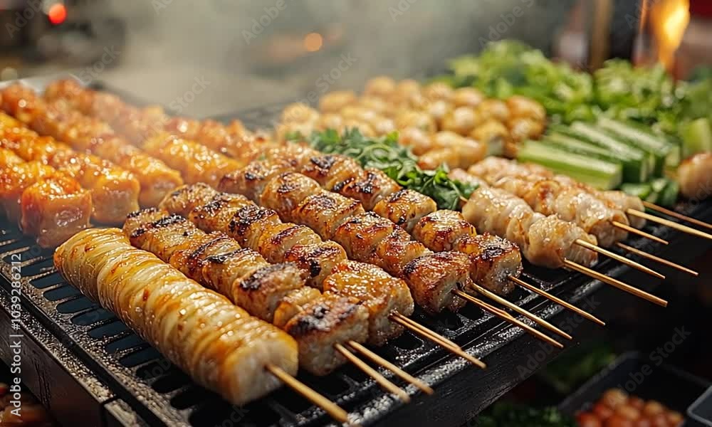 Grilled skewers of various meats and vegetables on a barbecue. Grilled skewers of various meats and vegetables on a barbecue.