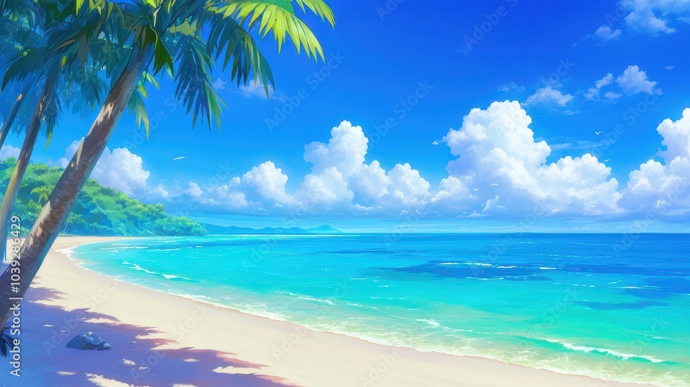 Illustration of Beautiful tropical beach with coconut palm leaves. Seascape background. Anime style Illustration of Beautiful tropical beach with coconut palm leaves. Seascape background. Anime style