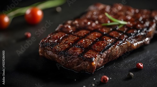 Sizzling Char grilled Steak with Savory Seasoning and Grill Marks on Black Plate