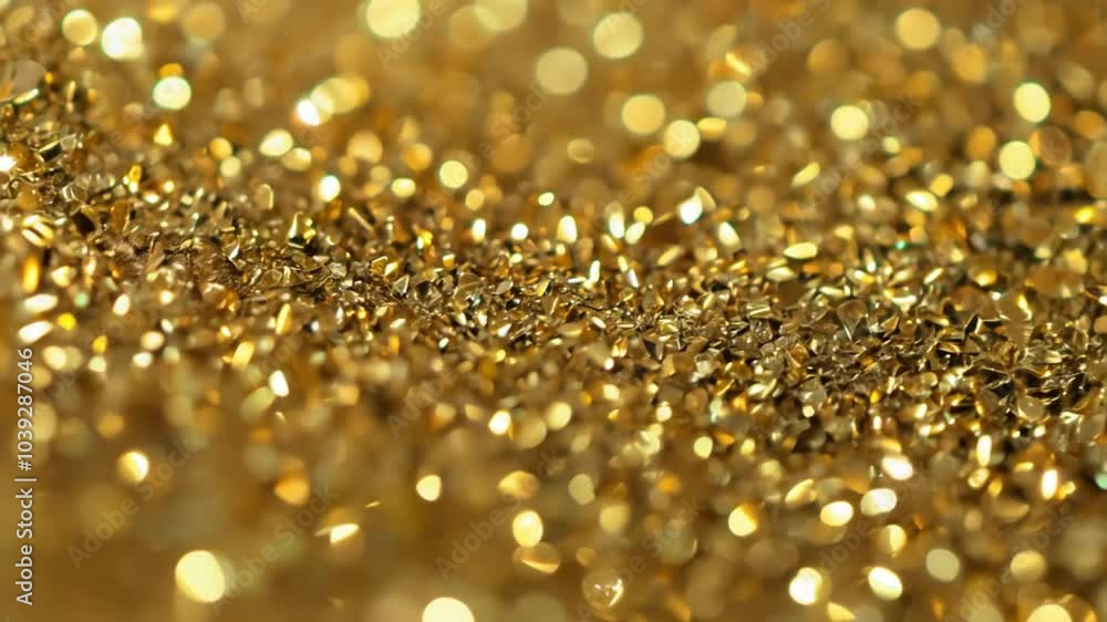 A macro zoom in view of gold glitter reveals high details, with a close up of its shiny, bright golden texture and a stunning bokeh effect. A macro zoom in view of gold glitter reveals high details, with a close up of its shiny, bright golden texture and a stunning bokeh effect.