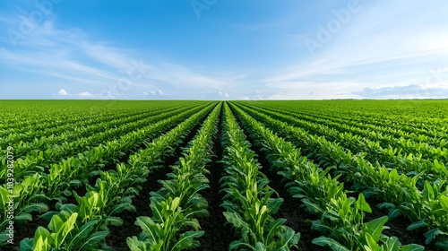 Breathtaking aerial view of a vast neatly arranged organic vegetable farm with lush vibrant rows of greenery thriving under clear blue skies conveying a sense of sustainability and abundance