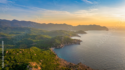  Beautiful Nui Chua national park beach with turquoise color water and Vinh Hy bay, during summer in Ninh Thuan, Vietnam.