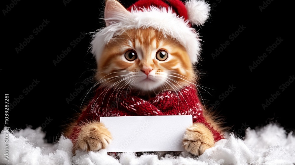Cute Kitten in Santa Hat Holding Blank Sign for Christmas Greeting Cute Kitten in Santa Hat Holding Blank Sign for Christmas Greeting