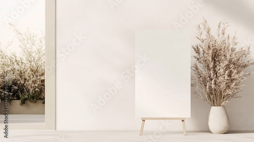 This mockup features a clean, blank wedding welcome sign measuring 36 x 24 inches on a simple, stylish easel. The neutral colors of beige, cream, and soft grey lend an airy feel, while a dreamy,