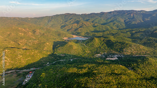 702 road and Da Hang lake , Beautiful Nui Chua national park beach with turquoise color water, during summer in Ninh Thuan, Vietnam.