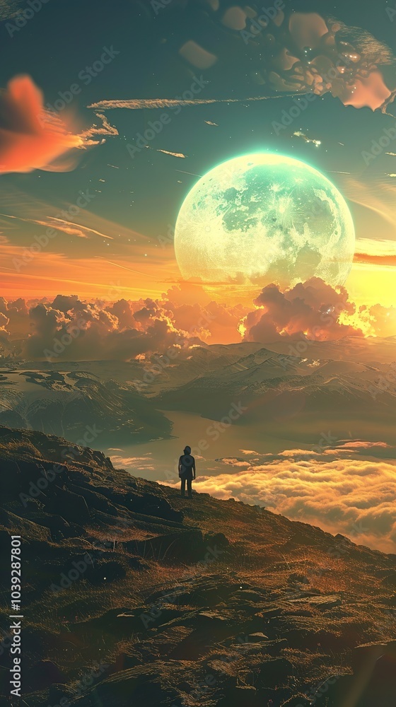 A Solitary Figure Gazes at a Giant Moon Over a Majestic Mountain Range A Solitary Figure Gazes at a Giant Moon Over a Majestic Mountain Range