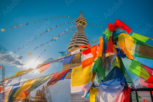 Buddha Stupa in Kathmandu. Buddhist flags