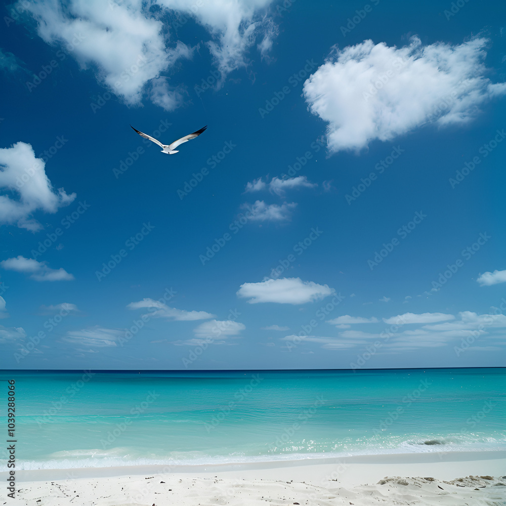 A serene beach scene with a clear blue sky, fluffy white clouds, and a lone seagull soaring overhead. The turquoise ocean gently laps against the pristine white sand. A serene beach scene with a clear blue sky, fluffy white clouds, and a lone seagull soaring overhead. The turquoise ocean gently laps against the pristine white sand.
