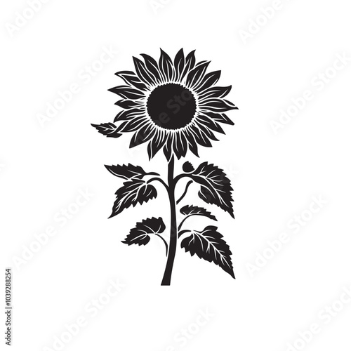 Sunflower flower vector black and white graphics isolated on a white background, linocut, realistic drawing, linear art. single sunflower