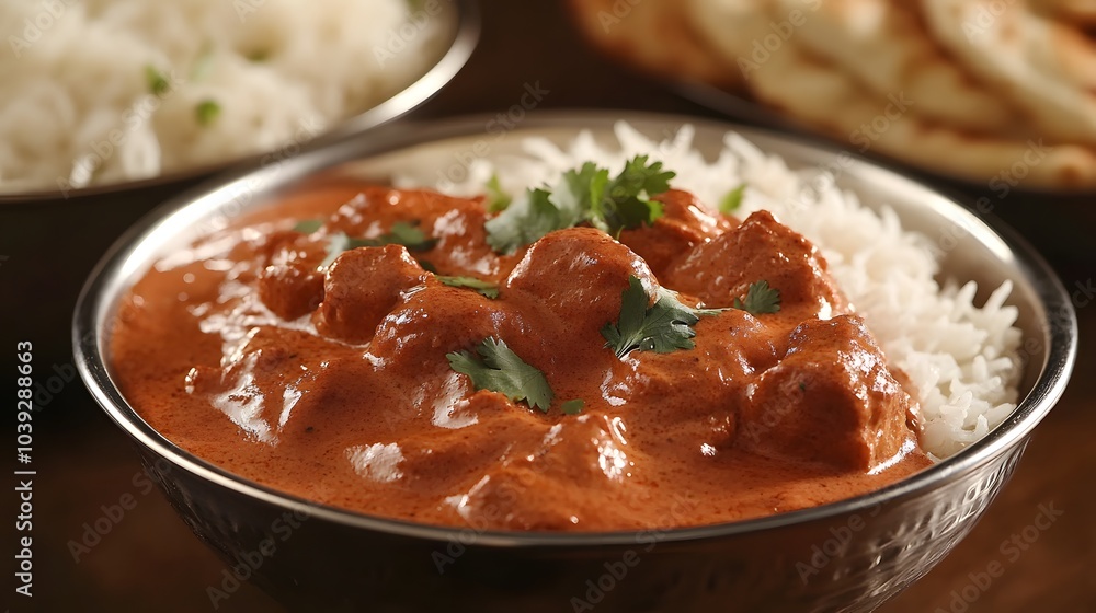 A bowl of Indian butter chicken, served with basmati rice and naan bread.
A bowl of Indian butter chicken, served with basmati rice and naan bread.
