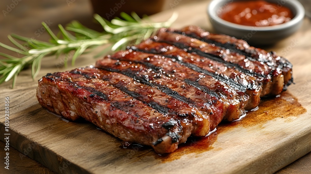 Grilled Steak on Wooden Board with Rosemary Garnish and Dipping Sauce Grilled Steak on Wooden Board with Rosemary Garnish and Dipping Sauce