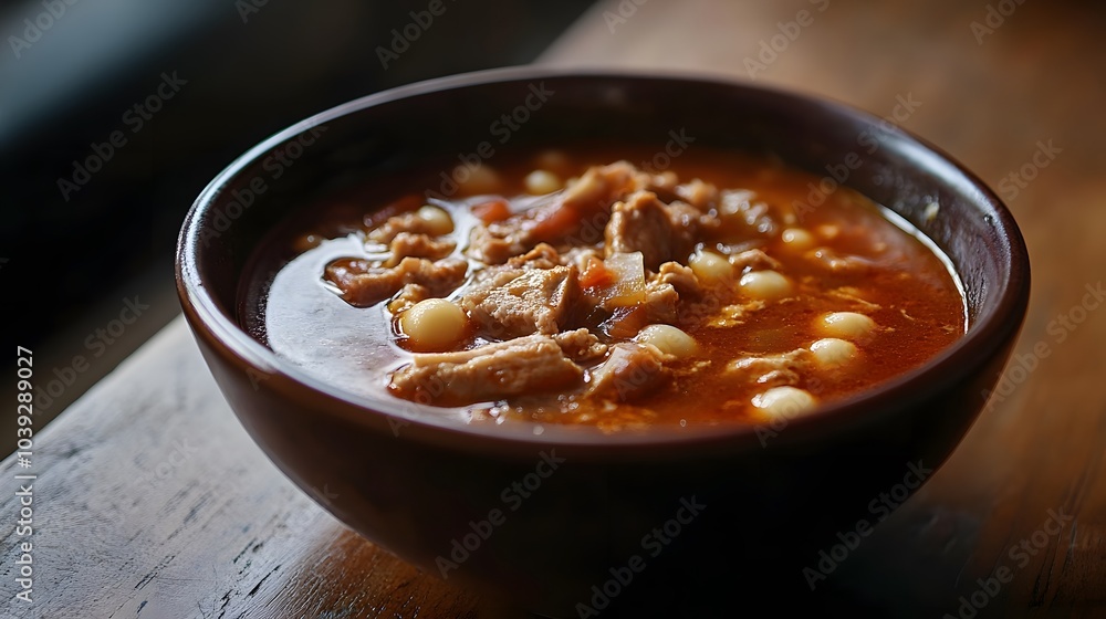 A bowl of Mexican pozole, a hearty soup with hominy, pork, and red chili broth.


