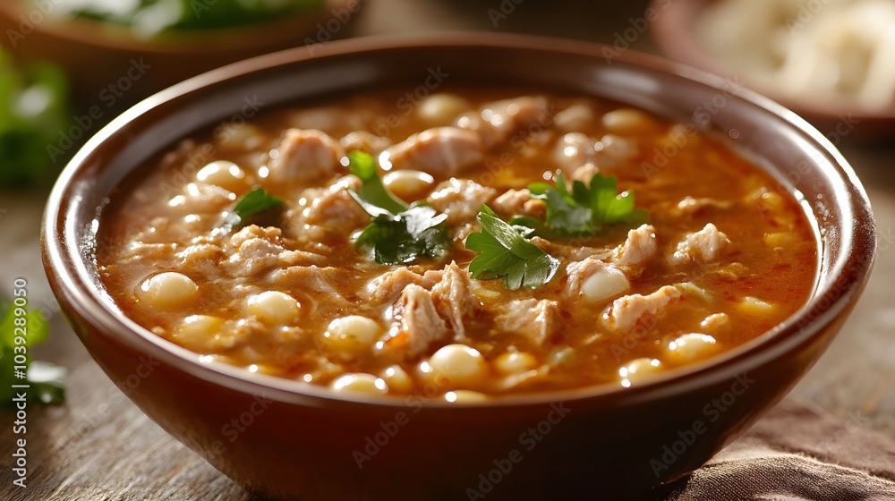 A bowl of Mexican pozole, a hearty soup with hominy, pork, and red chili broth.
A bowl of Mexican pozole, a hearty soup with hominy, pork, and red chili broth.