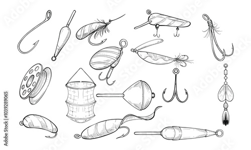 fishing equipment handdrawn collection