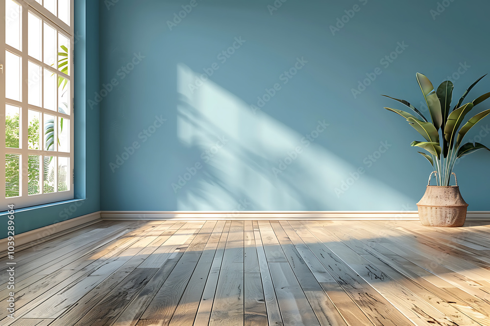 Sunlight streams through a window in a room with light blue walls and hardwood floors. Sunlight streams through a window in a room with light blue walls and hardwood floors.